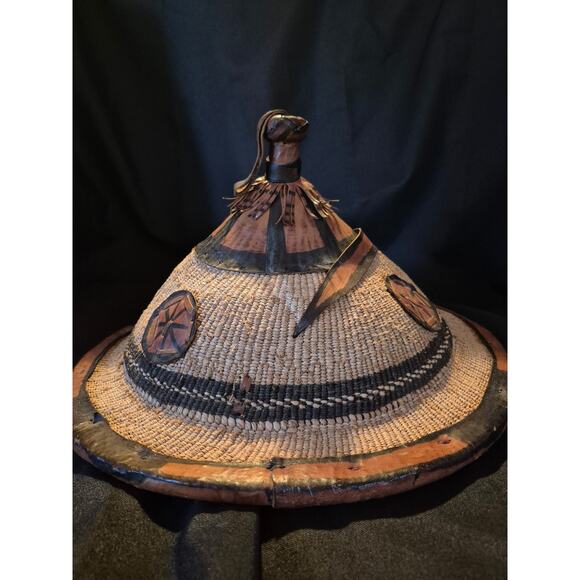 Authentic, AFRICAN CONICAL FULANI HAND WOVEN HAT WITH LEATHER TRIM main image 4